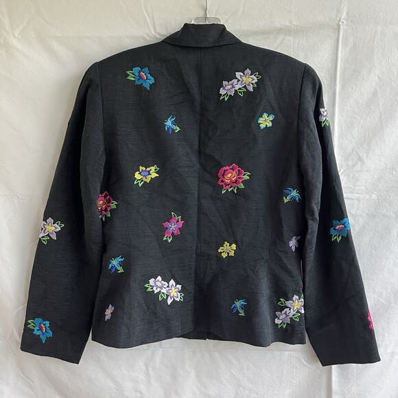 Travis Ayers black Silk/Linen blazer jacket colorful floral embroidered, Size 4 - Picture 6 of 8